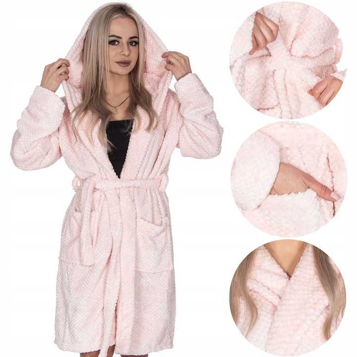 SZLAFROK DAMSKI CIEPŁY Z KAPTUREM R.S/M WIĄZANY W TALII GRUBY DŁUGI MIĘKKI