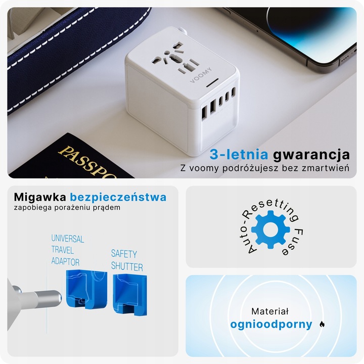 Adapter Podróżny VOOMY Y29 Z Ponad 170 Narodów - 2 Usb A 3 Usbc Biały