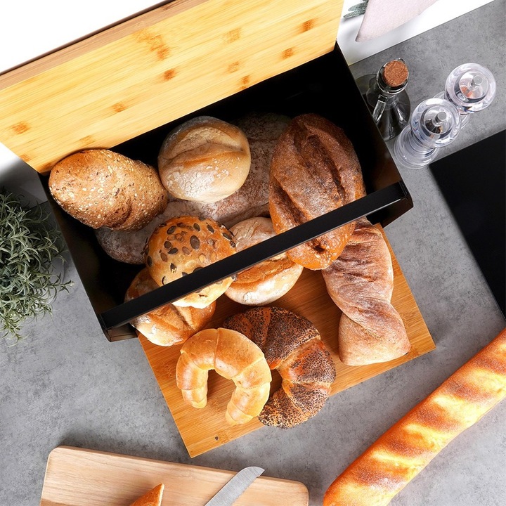 Chlebak METALOWY drewniany pojemnik zamykany na pieczywo chleb bułki czarny