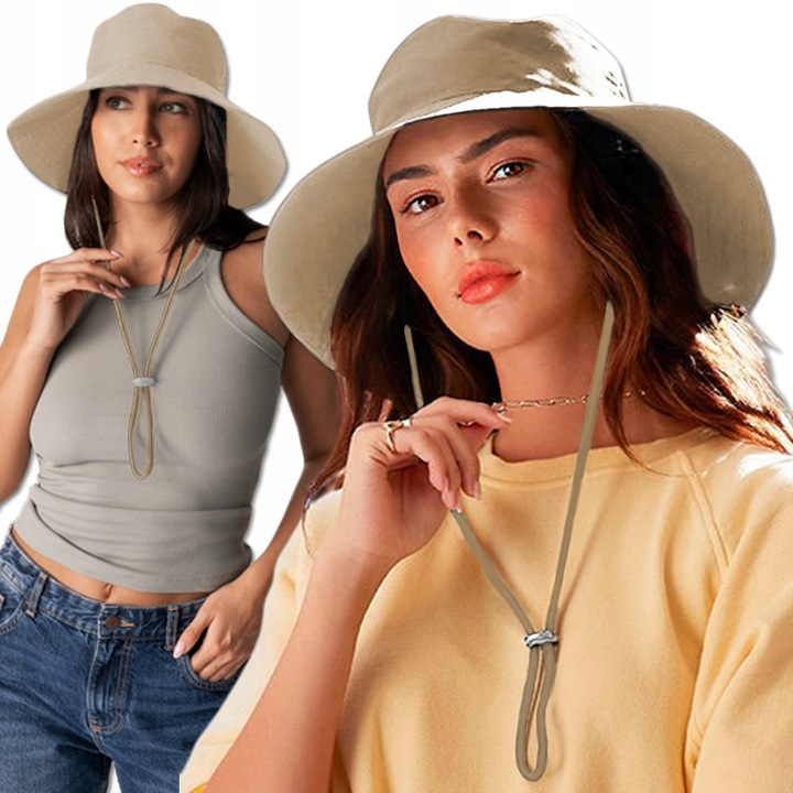 KAPELUSZ LETNI DAMSKI Z DUŻYM RONDEM PRZECIWSŁONECZNY FILTR UPV 50+ BEŻOWY