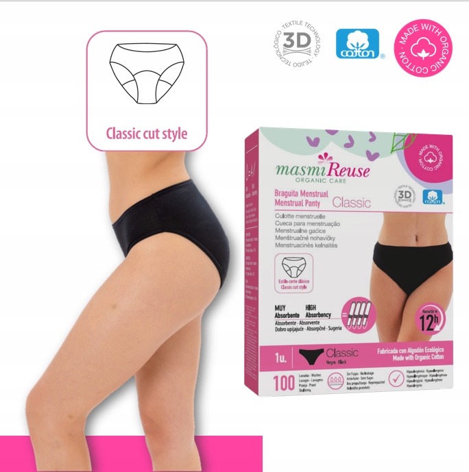 Majtki menstruacyjne ekologiczne Masmi CLASSIC L 100% bawełna gw.100 prań