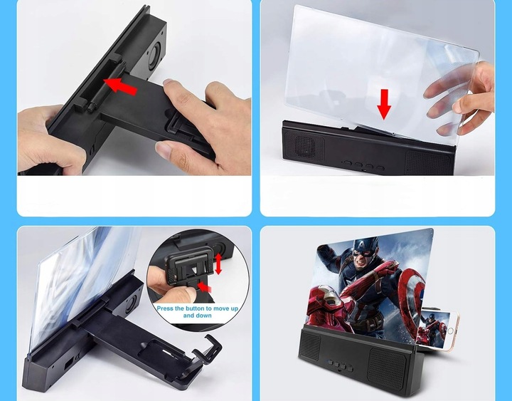 Szkło Powiększające Lupa 3D Ekran 12 Głośnik Bluetooth 2w1 Składany Uchwyt