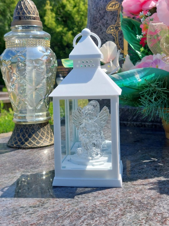 LAMPION Z ANIOŁKIEM ŚWIECĄCY NA BATERIE R6 LATARENKA BIAŁY ANIOŁ ZNICZ