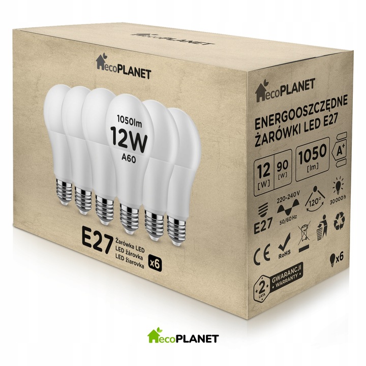 6x Żarówka LED E27 A60 12W 1050lm BARWY ecoPLANET