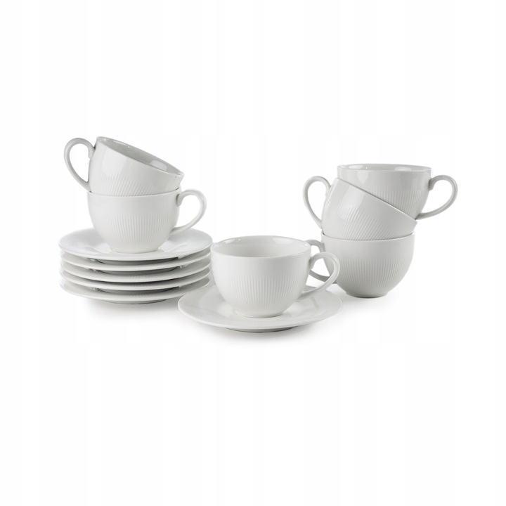 6x BIAŁE FILIŻANKI ZE SPODKAMI 350 ml, DO KAWY porcelanowe Tudor