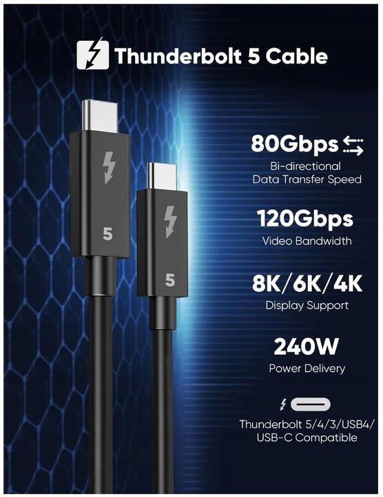 Kabel Thunderbolt 5 USB-C 80 Gb/s 240W 1M działa z Thunderbolt 3 4 USB 4.0