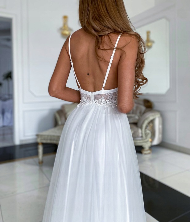 Ilona BIAŁA DŁUGA SUKIENKA z GIPIURĄ ślubna M