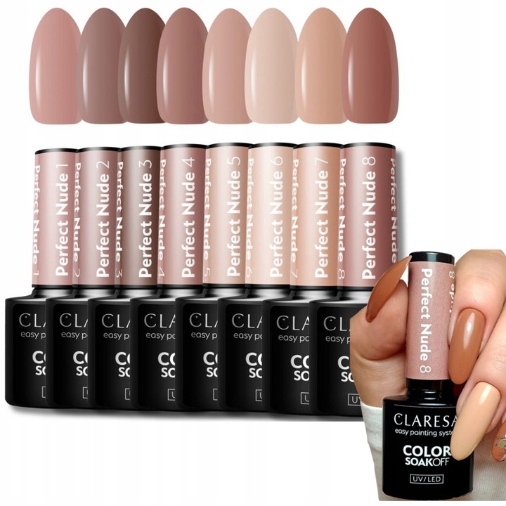 CLARESA PERFECT NUDE 1-8 LAKIER HYBRYDOWY ZESTAW KOLEKCJA BEŻE TPO FREE