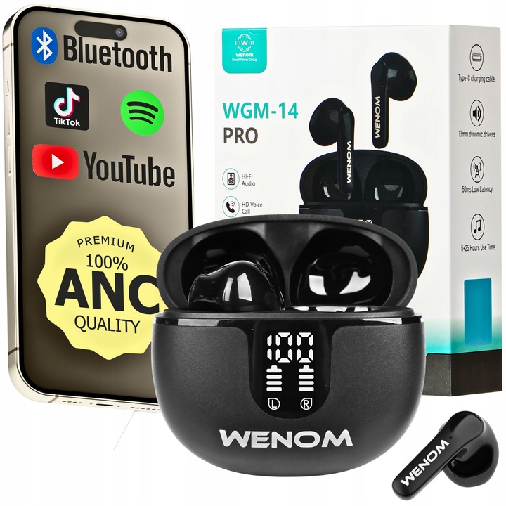 SŁUCHAWKI BEZPRZEWODOWE DOUSZNE WENOM WGM 14-PRO ANC 2 MIKROFONY LED EKRAN