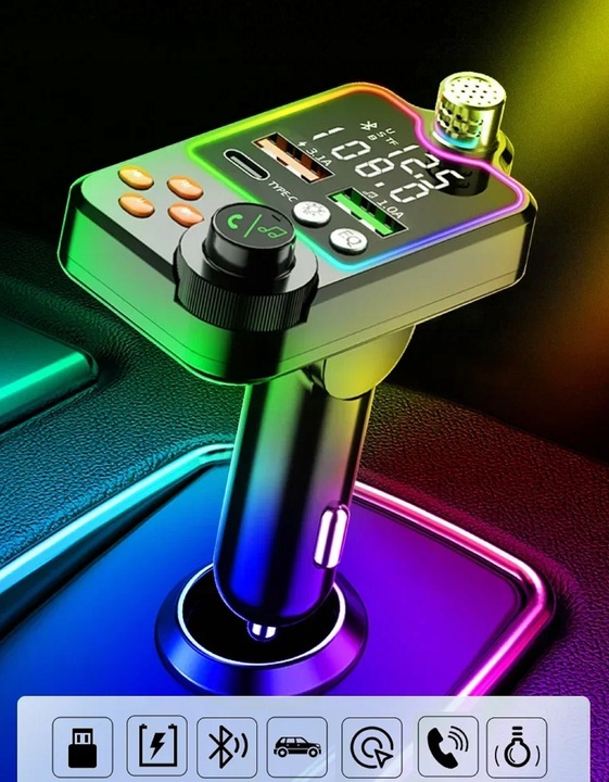 TRANSMITER FM ZESTAW GŁOŚNOMÓWIĄCY BT 5.0 ŁADOWANIE QC 3x USB PD RGB