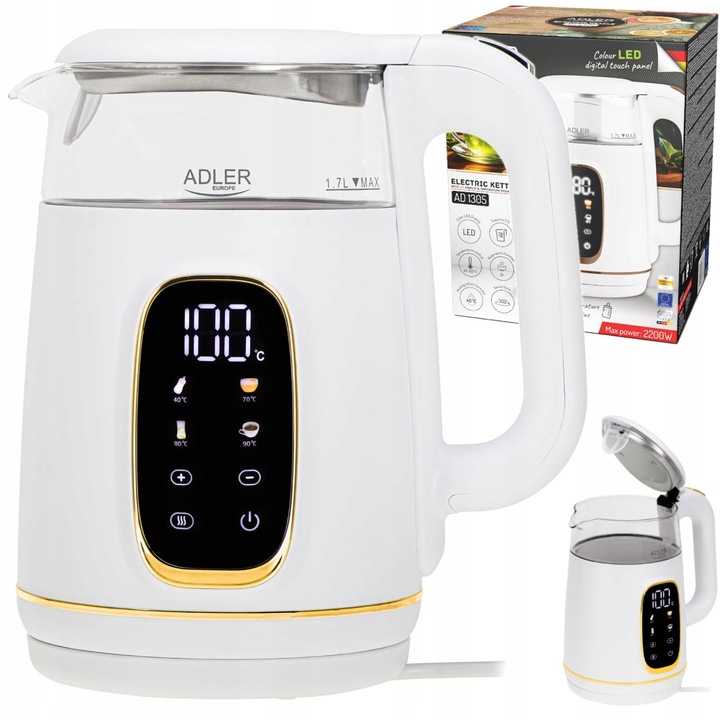 Czajnik elektryczny szklany LED 1,7L 2200W Regulacja temperatury Adler
