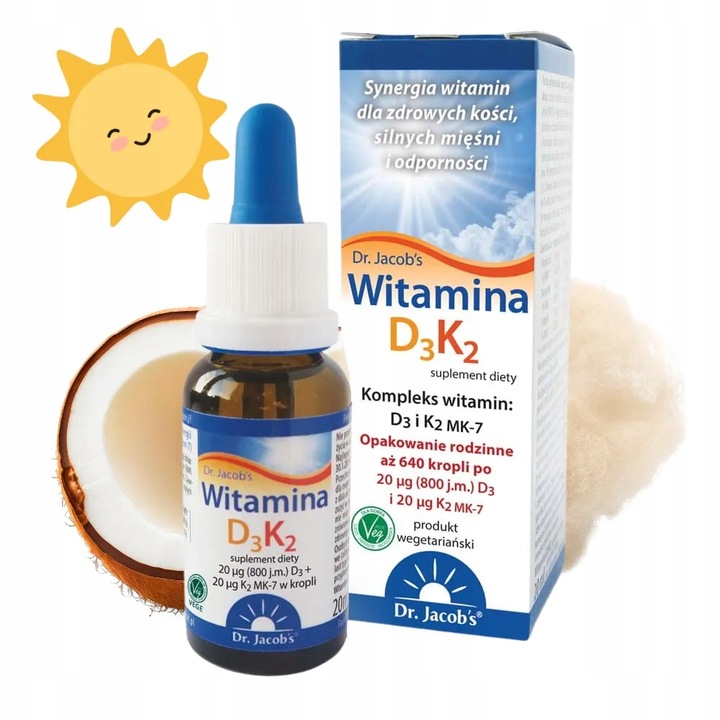 Witamina D3 K2 MK-7 w Kroplach Dr Jacobs | D3 z lanoliny! | Naklejka GRATIS