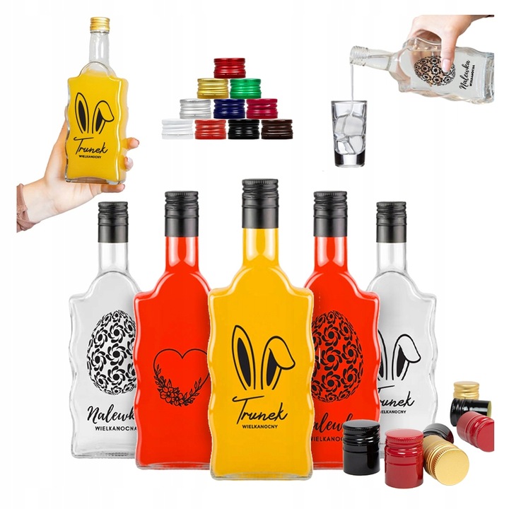 5x Butelki Szklane na WIELKANOC FALA 500ml z NADRUKIEM Na Likiery Nalewki