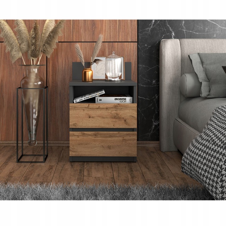 Szafka Nocna Stolik Nocny 40CM Szary Dąb Wotan 2 Szuflady Półka Do