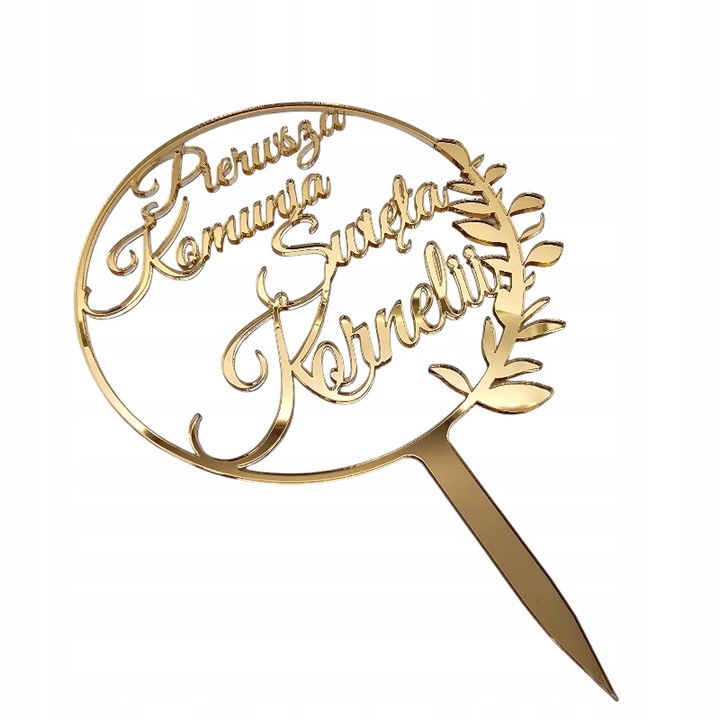 Topper na komunię z imieniem złoty Pierwsza Komunia IMIĘ złote lustro tort