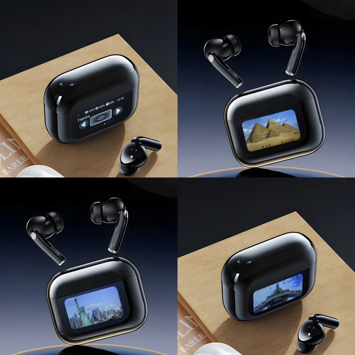 Słuchawki Bezprzewodowe Douszne PRO Lekkie ANC Mikrofon Czarne Wyświetlacz