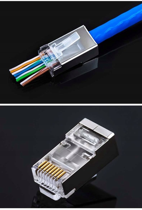 100x KOŃCÓWKI WTYK WTYKI RJ45 8P8C FTP KAT5e PRZELOTOWE EUROKOMP EKRANOWANE