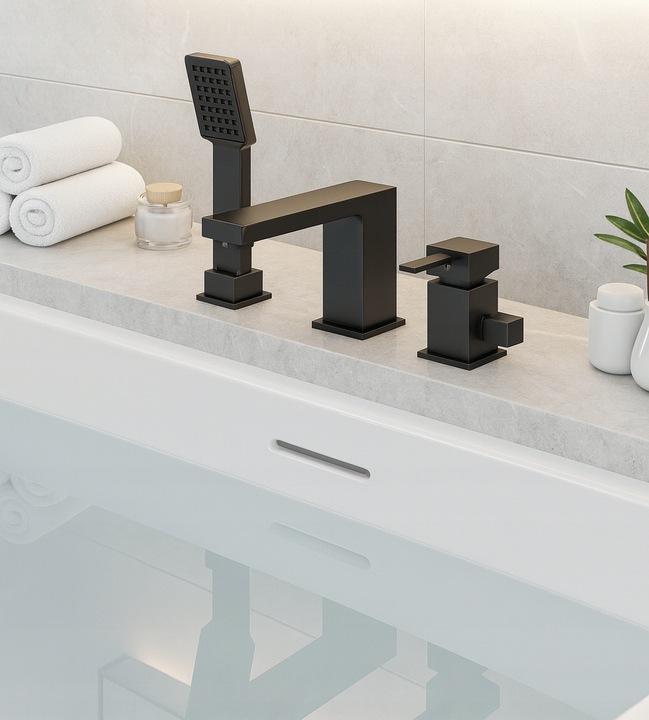 Bateria wannowa 3 otworowa stojąca czarna kran do wanny z prysznicem