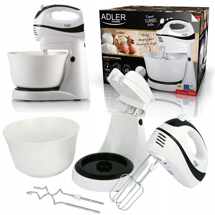 MIKSER RĘCZNY ROBOT KUCHENNY Z OBROTOWĄ MISĄ 3L 550W 5 PRĘDKOŚCI 2