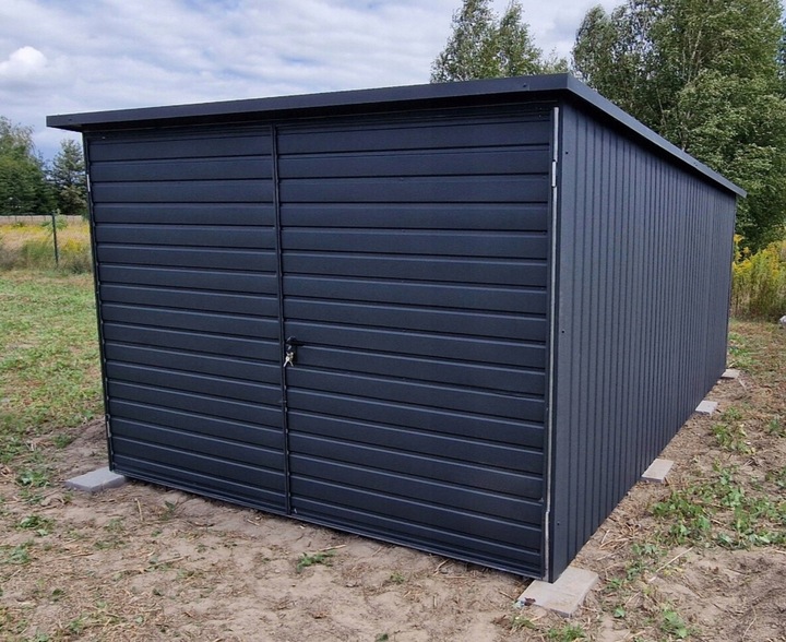 Garaż blaszany 3x5 grafit jednospadowy brama dwuskrzydłowa pion