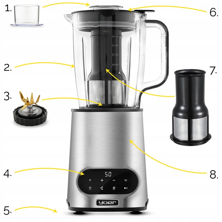 Blender kielichowy Automatyczny Tritan Yoer INOX 2,4L 2200W +Sito do soku