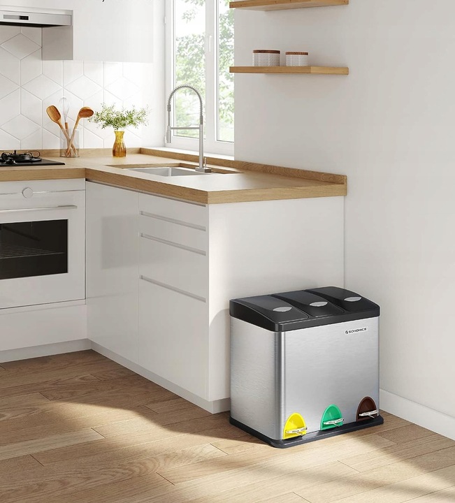 Kosz na śmieci odpady METALOWY 3 KOMORY do segregacji recykling 24l srebrny