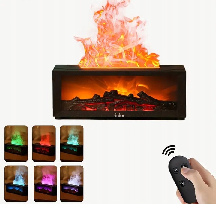 Nawilżacz powietrza z efektem kominka, dyfuzor, 6 kolorów RGB - czarny