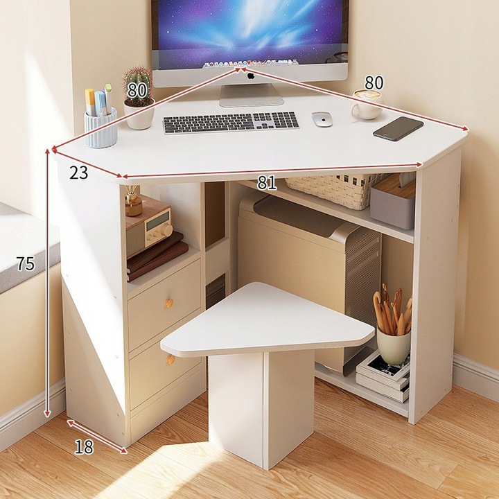 BIURKO NAROŻNE TRÓJKĄTNE KOMPUTEROWE Z PÓŁKAMI NOWOCZESNE BIAŁE LOFT