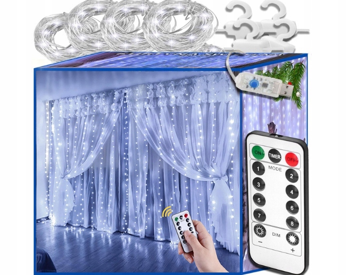 KURTYNA ŚWIETLNA kurtyna LED 2x2 m 200 LED USB pilot+ haczyki BIAŁY ZIMNY