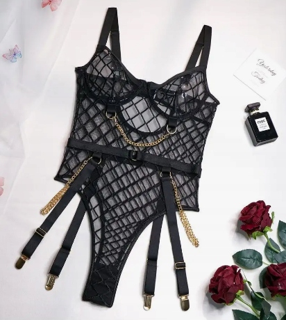 BODY EROTYCZNA BIELIZNA Z ŁAŃCUSZKIEM PIĘKNE PRZEŹROCZYSTE ELEGANCKIE