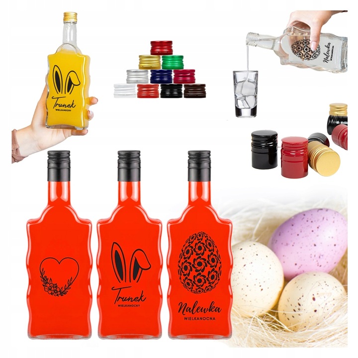5x Butelki Szklane na WIELKANOC FALA 500ml z NADRUKIEM Na Likiery Nalewki