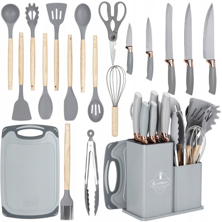 Komplet 5 Noży + Zestaw 12 przyborów kuchennych + deska do krojenia +Stojak