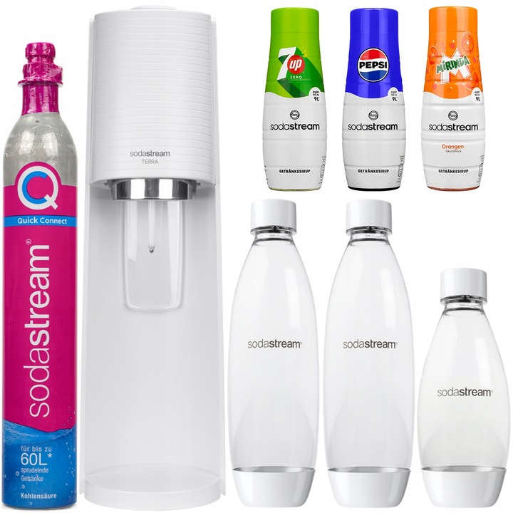 SATURATOR DO WODY SODASTREAM TERRA BIAŁY 3 BUTELKI + 3 SYROPY +
