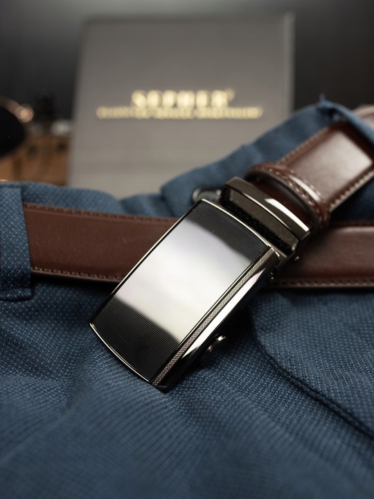 Pasek SKÓRZANY Męski Automat CIEMNY BRĄZOWY spodni