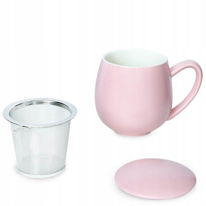 Matowy różowy kubek z zaparzaczem i pokrywką do ziół herbaty naparu prezent