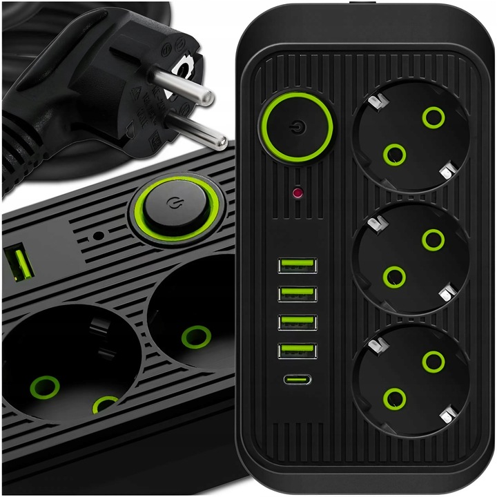 PRZEDŁUŻACZ LISTWA ZASILAJĄCA 1.8M 3 GNIAZDA 230V + 5X USB USB-C ŁADOWARKA
