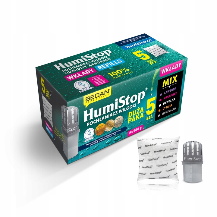 WKŁADY zapachowe HUMISTOP AROMA 5szt POCHŁANIACZ + GRANULKI DO