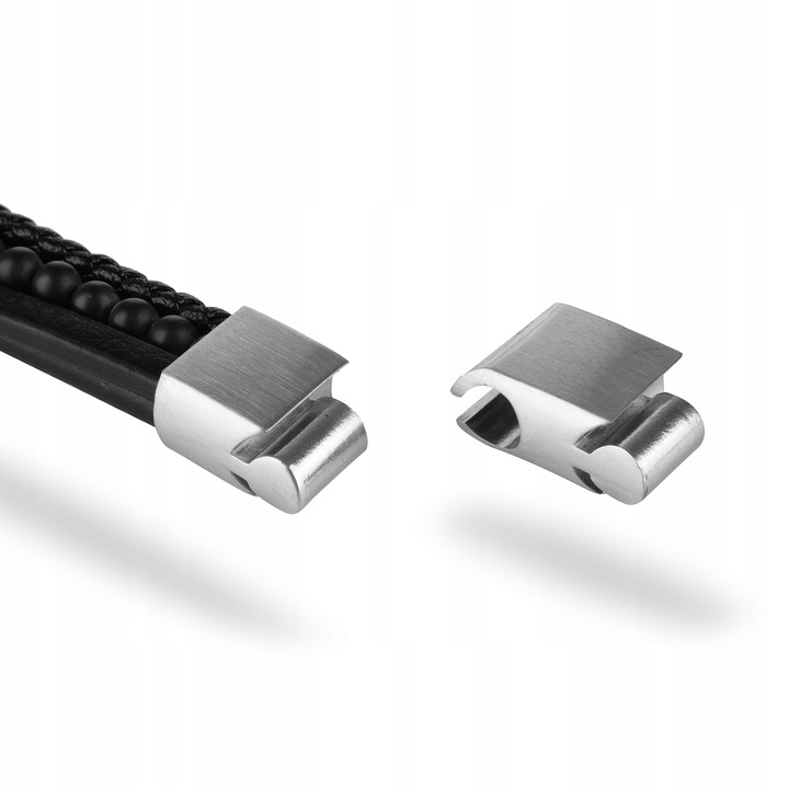 Bransoletka Męska Czarna ze Skóry Srebrna GRAWER Prezent Dla Męża Chłopaka