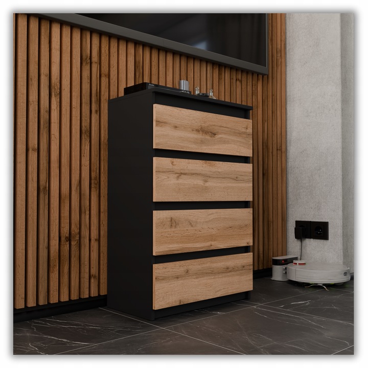 KOMODA Z SZUFLADAMI CZARNA DĄB WOTAN 60CM NOWOCZESN POJEMNA SZAFKA RTV