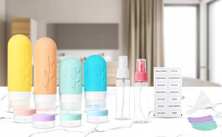 KOSMETYCZKA PODRÓŻNA POJEMNIKI DO SAMOLOTU BUTELKI ZESTAW 19 EL. Z SUWAKIEM