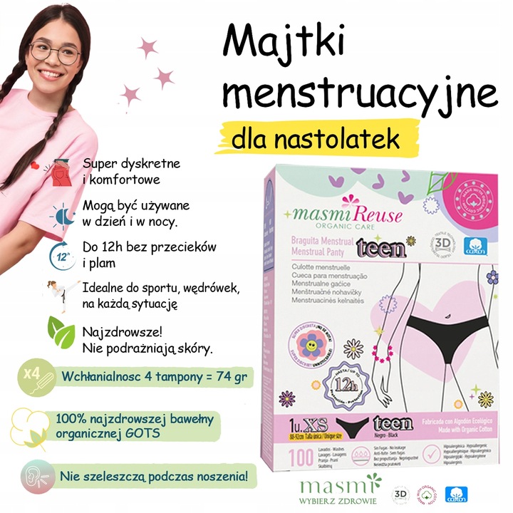 Majtki menstruacyjne ekologiczne Masmi DLA NASTOLATEK XS 100% bawełna BIO