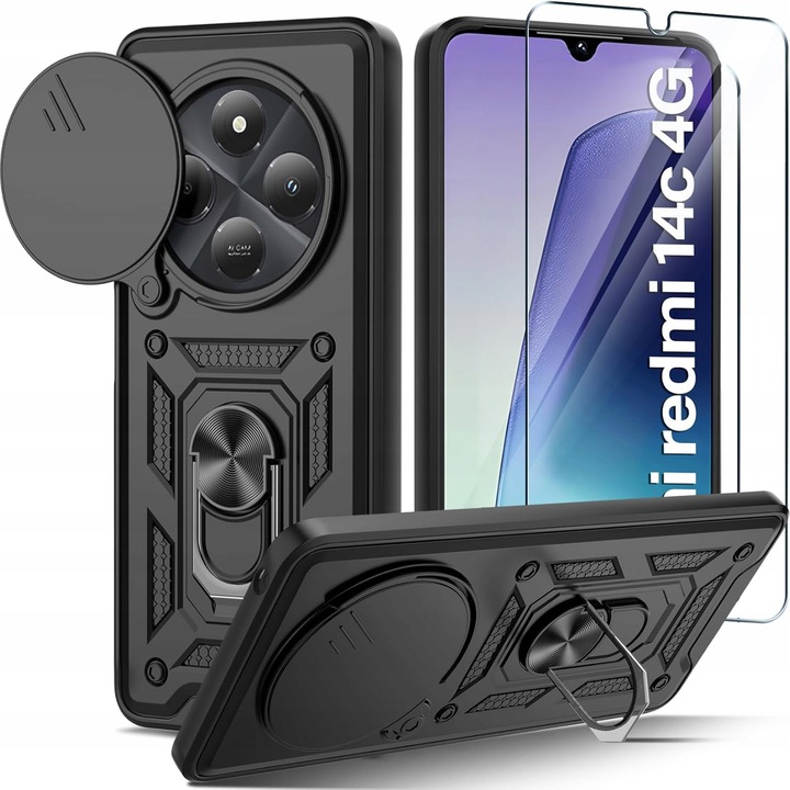 PANCERNE ETUI SLIDE RING CASE DO XIAOMI REDMI 14C | POCO C75 +SZKŁO 9H
