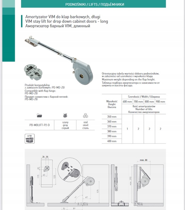 PODNOŚNIK GTV BARKOWY DOLNY OLEJOWY VIM KLAPY DOLNE DŁUGIE RAMIĘ