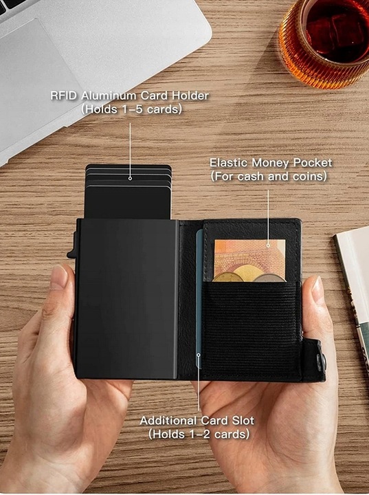 PORTFEL ETUI NA KARTY KREDYTOWE RFID PRZYCISK DO WYSUWANIA KART