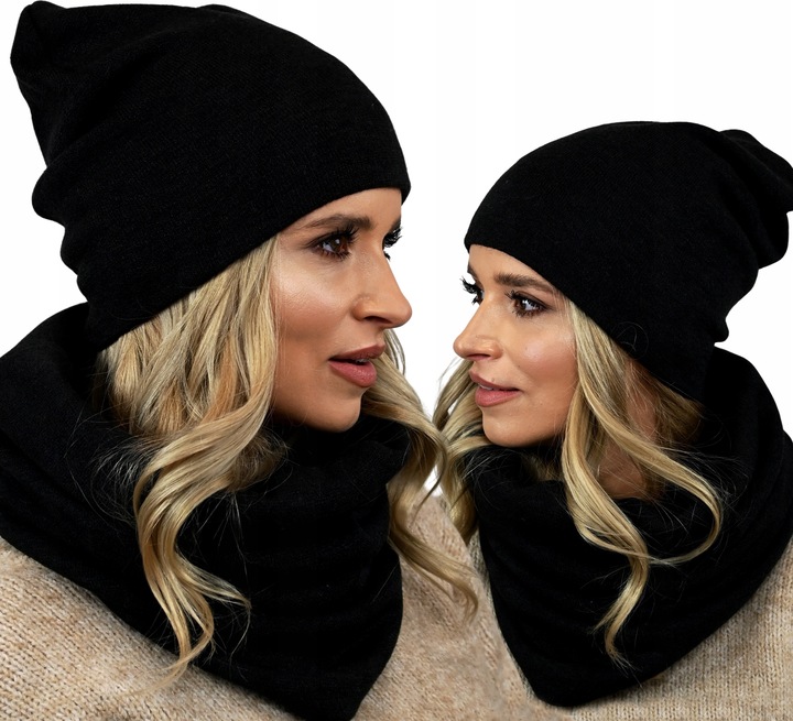 POLSKI Komplet CZAPKA + KOMIN Tunel Szal - CZARNY komplet damski na