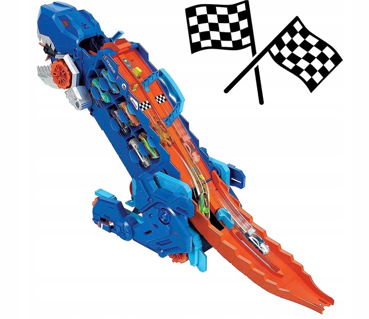 HOT WHEELS T-REX MEGA TRANSPORTER TORY WYŚCIGOWE