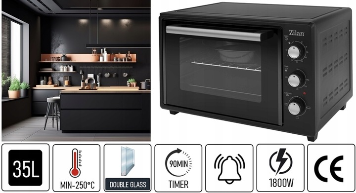 MINI PIEKARNIK ELEKTRYCZNY DOUBLE GLASS GRILL TIMER 35L 1800W