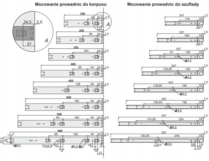 Prowadnica kulkowa Sevroll 500 Pełny Wysuw l-500 h45 Miękki Cichy