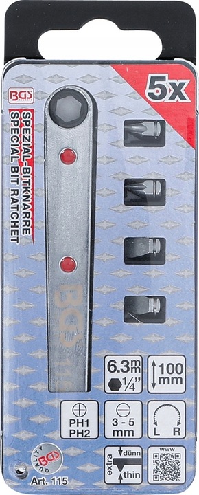 Specjalna grzechotka do bitów cienka 1/4" z bitami