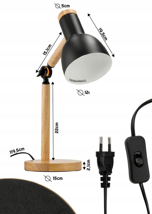 Lampka Na Biurko Do Czytania Drewniana E27 Stojąca + Podwójna Regulacja